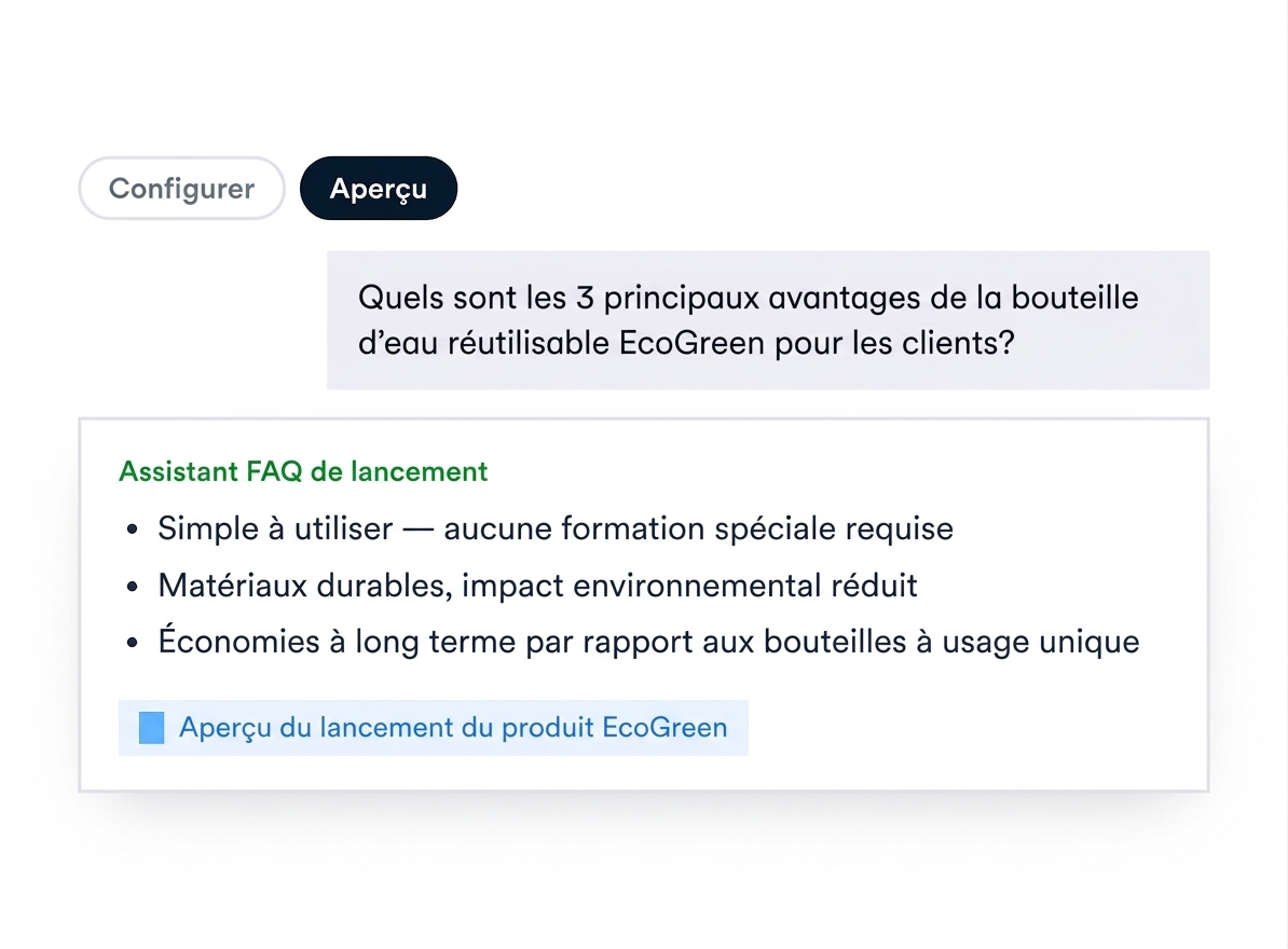 Schéma du panneau Aperçu : la question d'essai, la réponse de l'agent en trois puces et la source citée