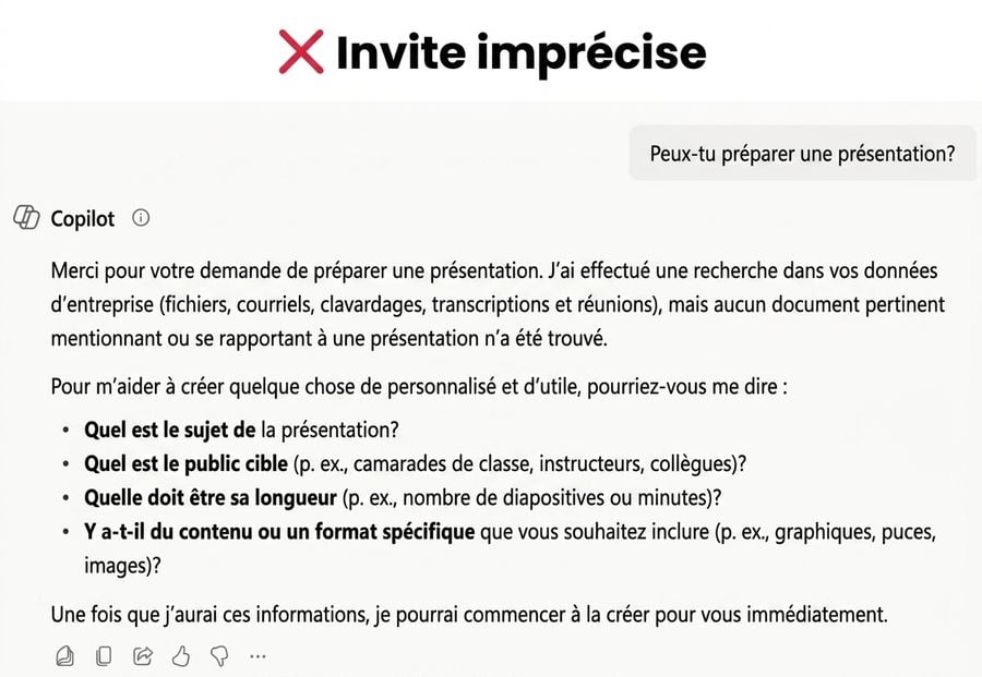 Capture d'écran présentant des invites spécifiques dans Copilot