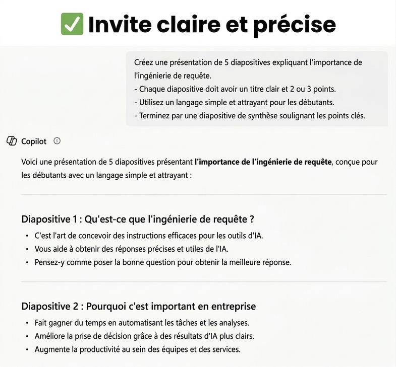 Capture d'écran présentant une invite précise dans Copilot, illustrant comment des invites claires donnent de meilleurs résultats