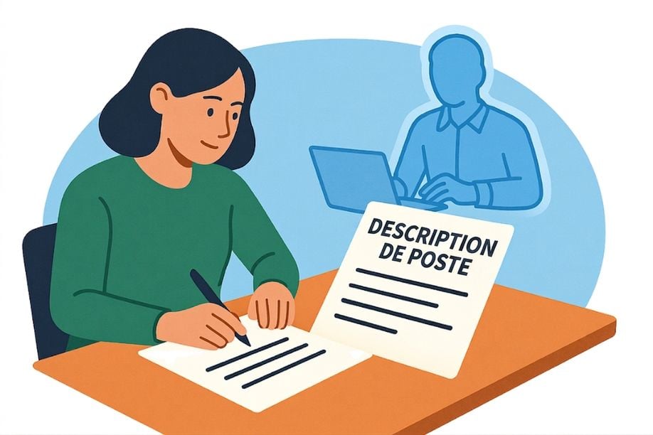 Illustration d'une femme écrivant sur un document intitulé « Description de poste », représentant la définition des buts, du contexte, des sources et des attentes d'un agent au moyen du cadre GCSE