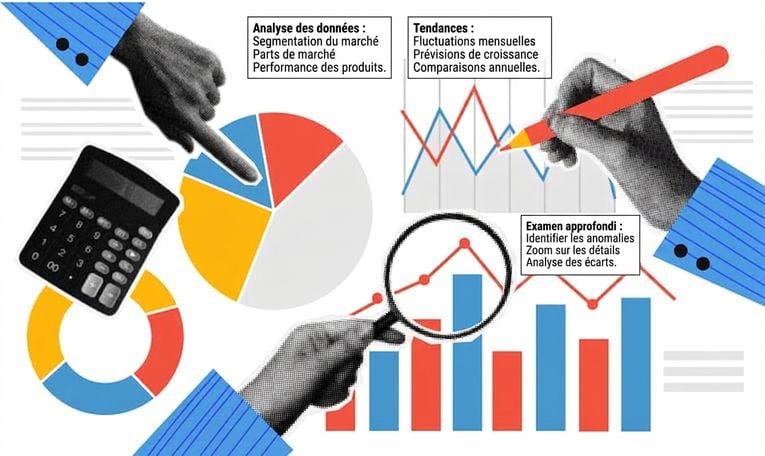Illustration de mains utilisant des graphiques et une calculatrice pour analyser des données, symbolisant la façon dont Copilot transforme les chiffres en insights