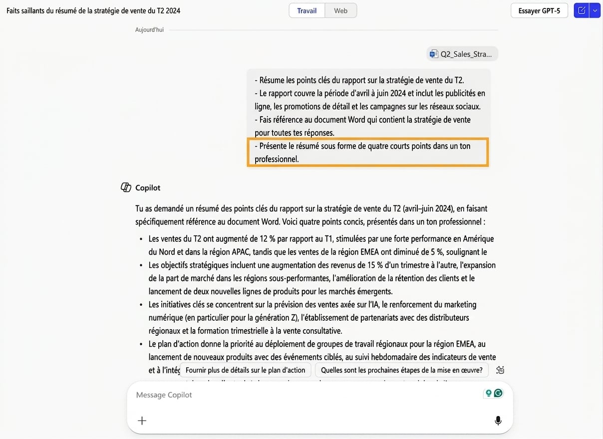Capture d'écran où Copilot résume un rapport de ventes, avec l'instruction Expectation pour formater le résumé en puces mise en évidence