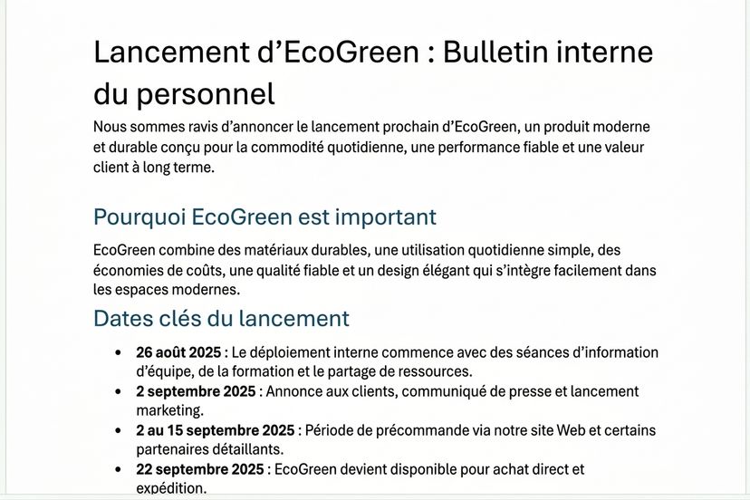 Bulletin EcoGreen rédigé par Copilot dans Word, avec des titres clairs et de courtes sections