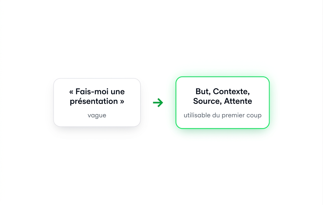 Une invite vague, « Make me a deck », à côté de la même demande écrite avec Goal, Context, Source et Expectation, utilisable dès le premier essai