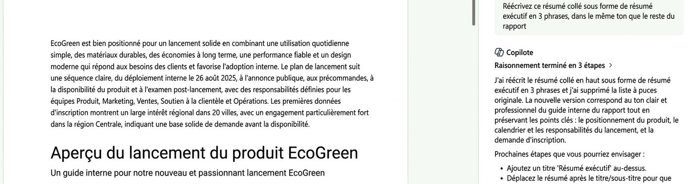 Word transforme le résumé inter-fichiers collé en un sommaire exécutif de trois phrases au début du rapport EcoGreen