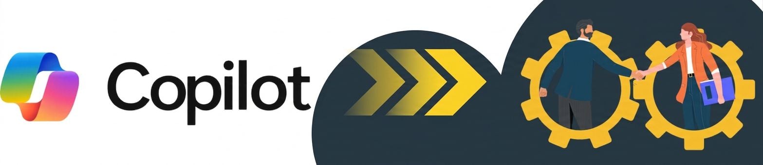 Image montrant le logo Microsoft Copilot relié par des flèches jaunes à une illustration de deux personnes se serrant la main dans des engrenages