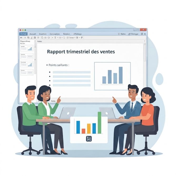 Illustration de personnes en réunion présentant des graphiques intitulés « Quarterly Sales Report », représentant la visualisation de données dans Word et PowerPoint