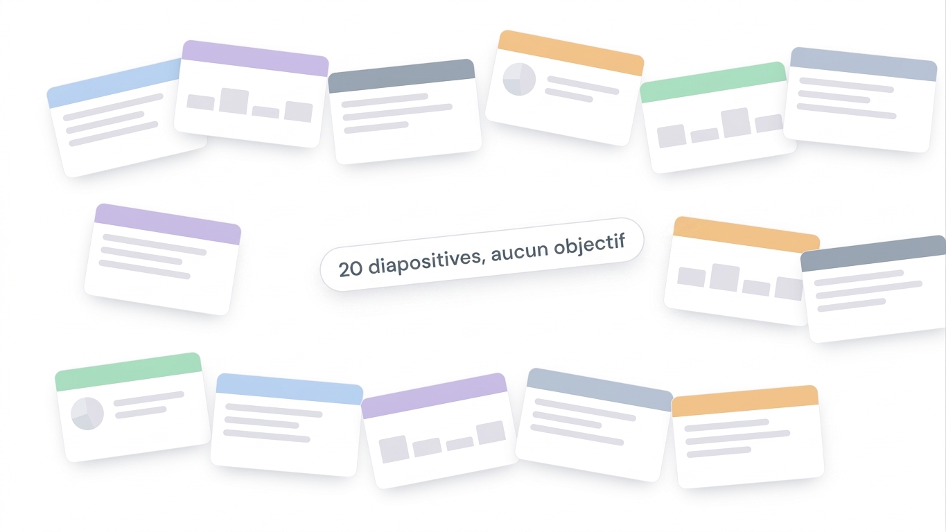 Un tas éparpillé de diapositives sans focus, étiqueté « 20 diapositives, aucun focus », représentant la sortie écrasante d'une demande vague