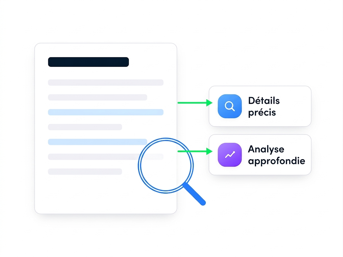 Un document examiné à la loupe, en extrayant « des détails précis » et « une analyse plus poussée »