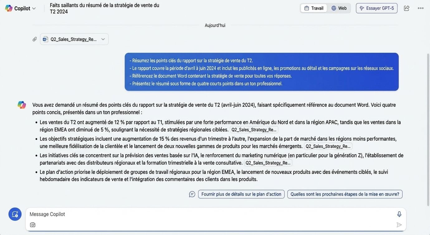 Capture d'écran où Copilot résume un rapport de stratégie de vente, avec l'instruction Goal surlignée en bleu