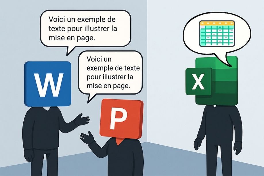 Illustration de trois personnages avec les logos de Microsoft Word, PowerPoint et Excel en guise de tête, symbolisant la collaboration entre les applications Microsoft