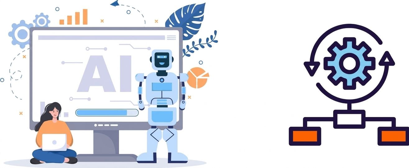 Illustration d'une personne et d'un robot devant un grand écran d'IA, à côté d'un schéma de flux avec engrenages et flèches