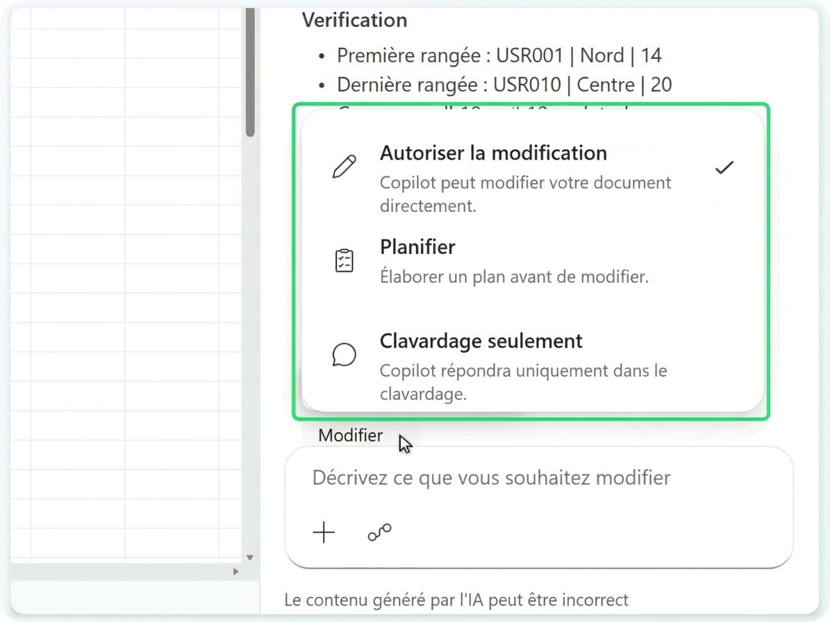 Le menu des modes Copilot : Autoriser la modification, Plan, Clavardage seulement