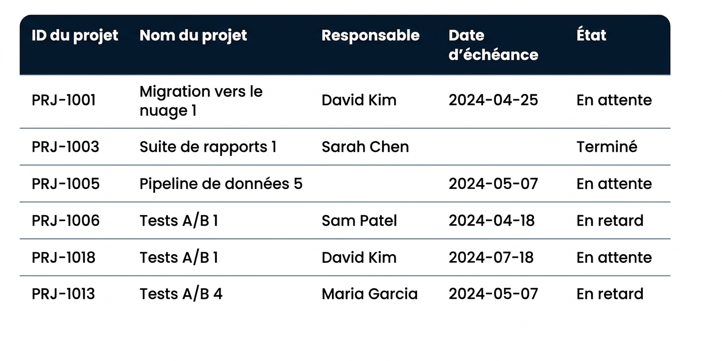 Le tableau Projects, avec des cellules vides, un nom de projet répété et deux lignes en retard