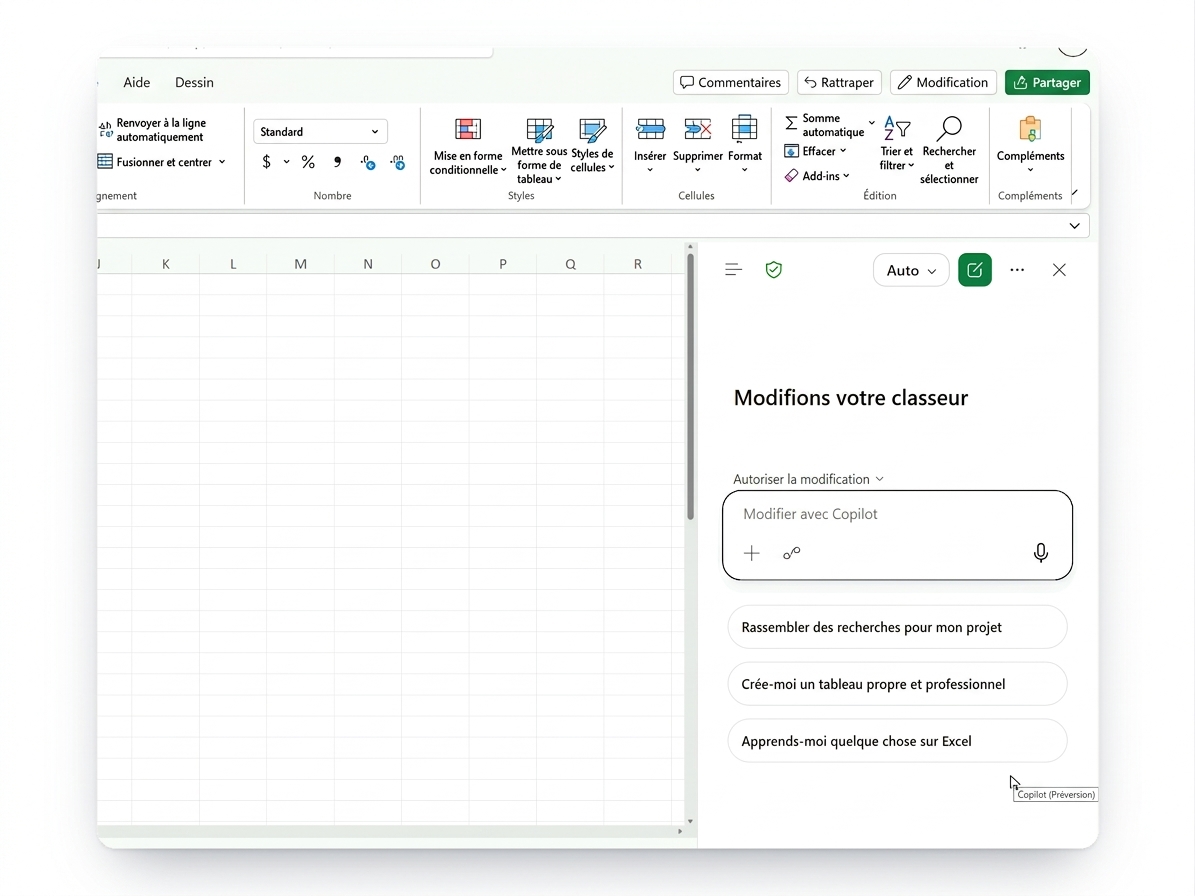 Copilot ouvert dans Excel pour le web, interface actuelle