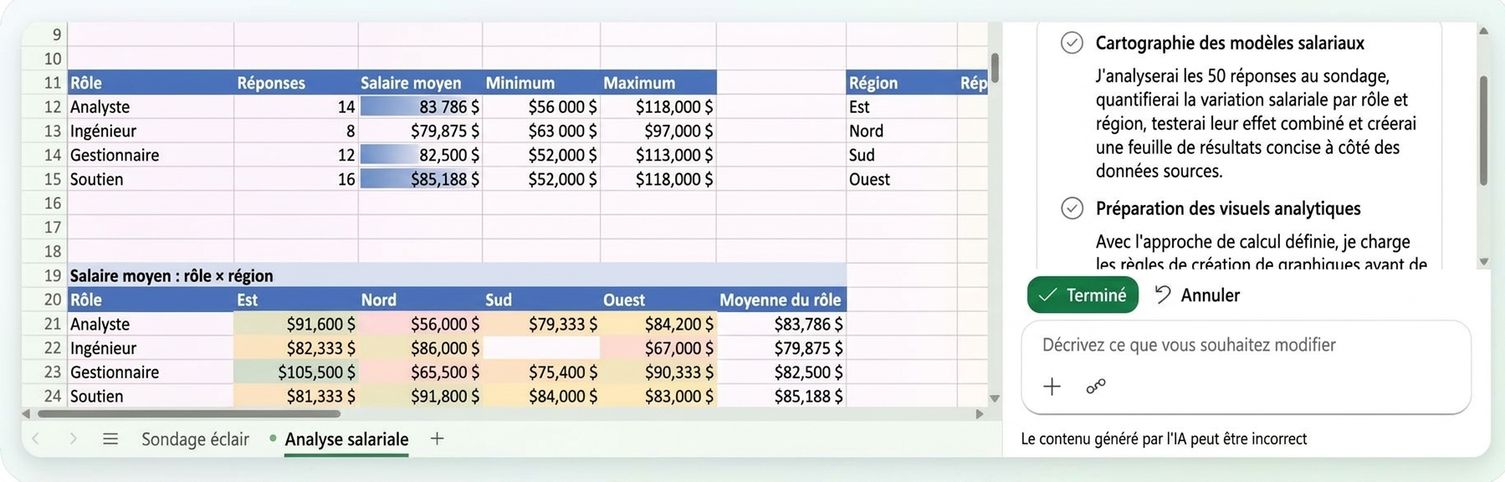 Le plan de Copilot pour l'analyse, ouvert à côté de la feuille Salary Analysis qu'il a créée