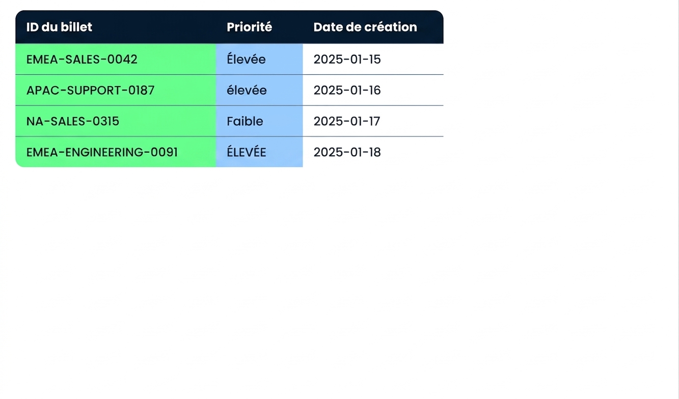 La table Tickets, avec la colonne Ticket ID compactée et la colonne Priority en casse mixte indiquées