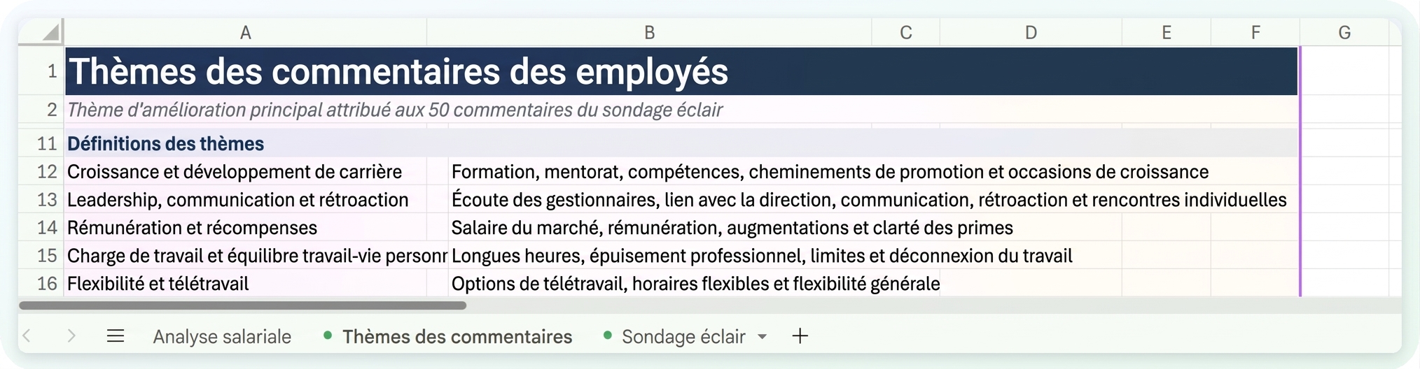 La feuille Feedback Themes, montrant ce que couvre réellement chaque thème trouvé par Copilot