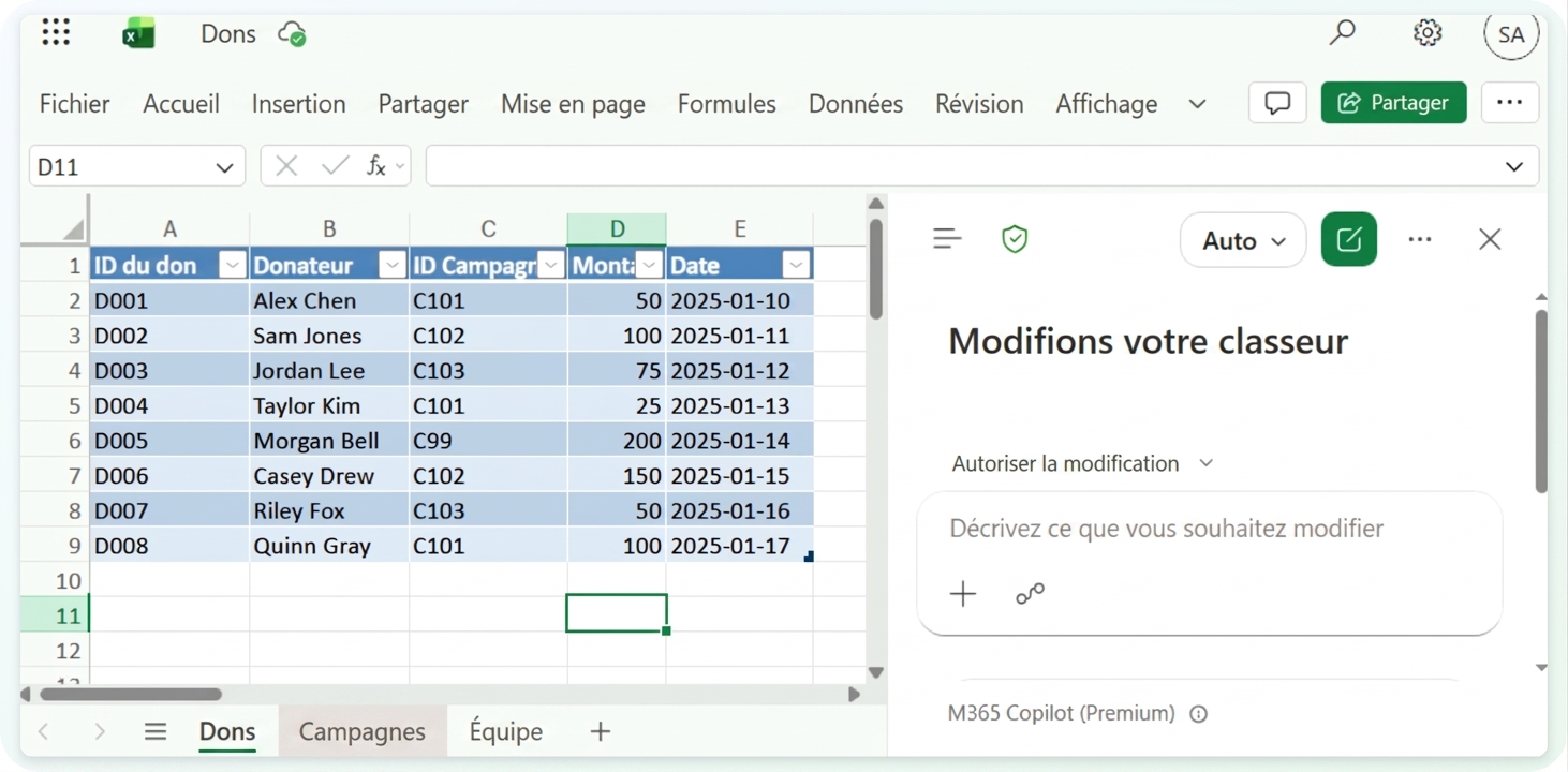 Le classeur Donations avec la feuille Campaigns à côté et Copilot ouvert en mode Autoriser la modification