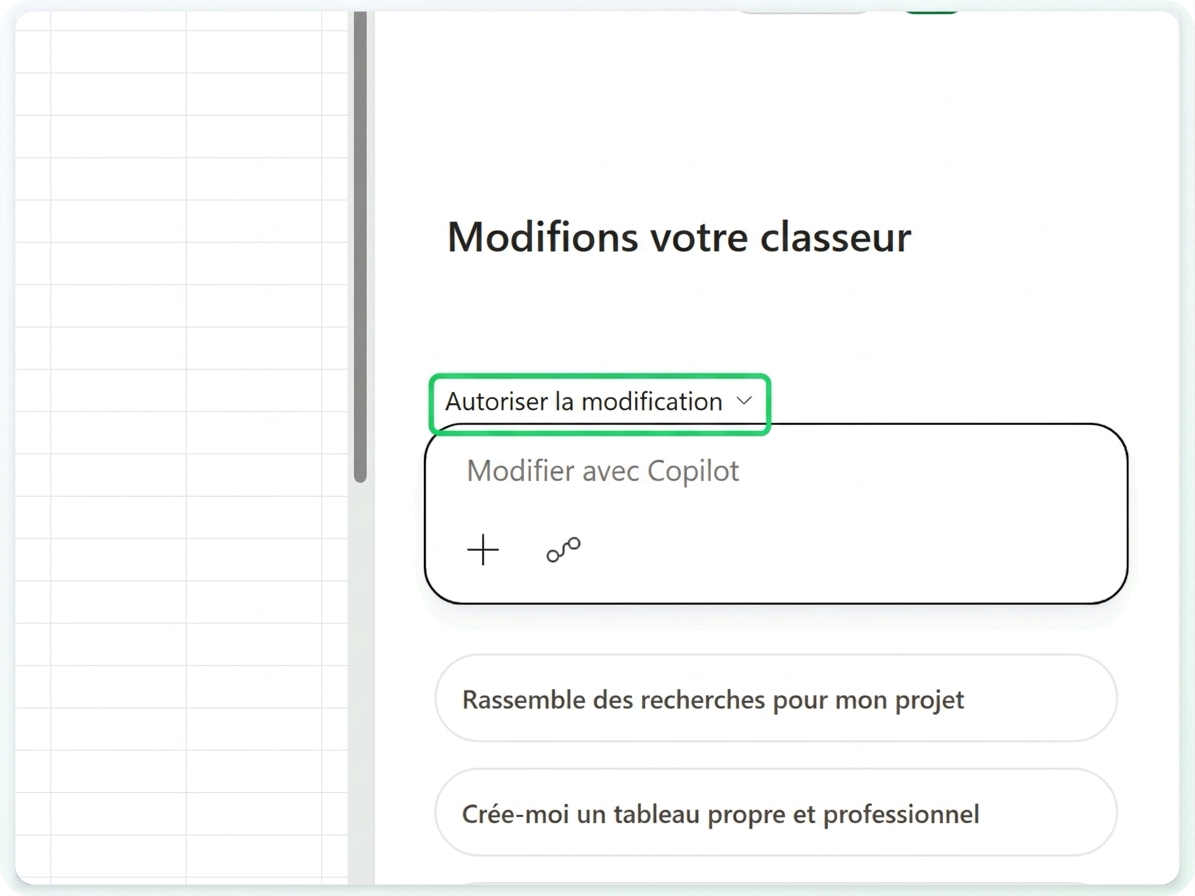 Le volet Copilot, avec le contrôle du mode Autoriser la modification