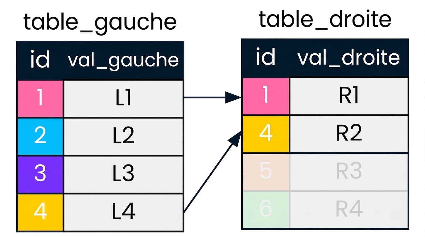 Un diagramme montrant deux tables, table de gauche et table de droite, avec des flèches vers les enregistrements correspondant sur la colonne id dans les deux tables. Les enregistrements non pertinents pour le left join sont grisés.