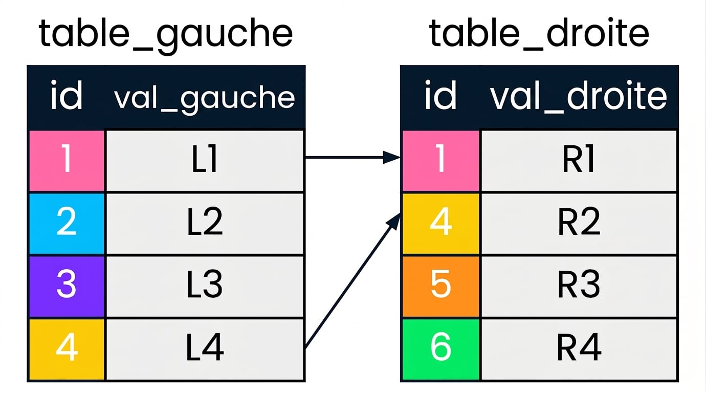 Schéma montrant deux tables : left_table et right_table. Les valeurs id correspondantes dans les deux tables sont affichées avec les mêmes couleurs et reliées par des flèches.