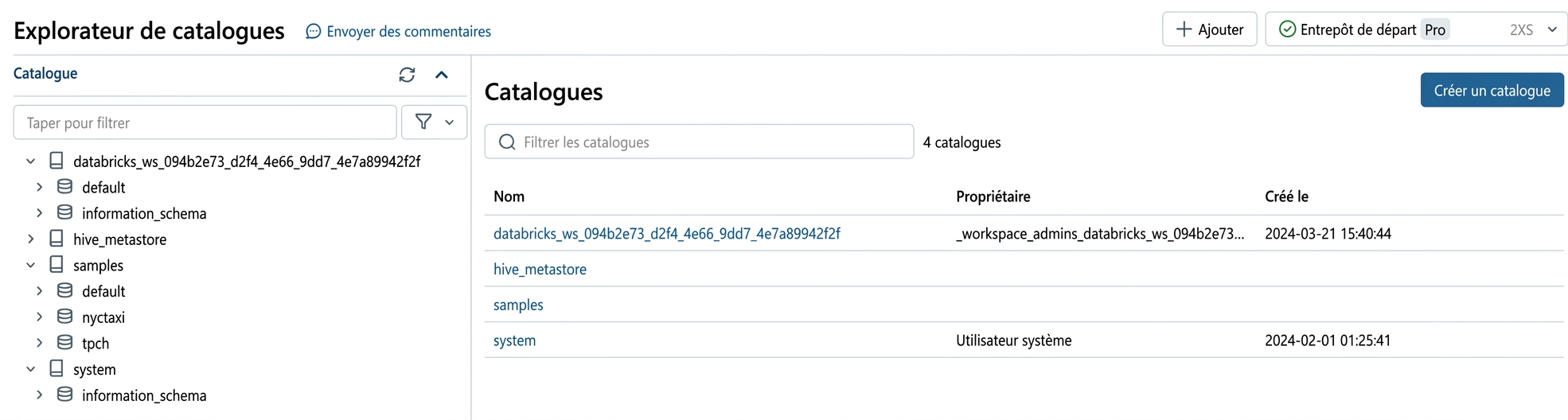 Capture d'écran de l'explorateur de catalogue