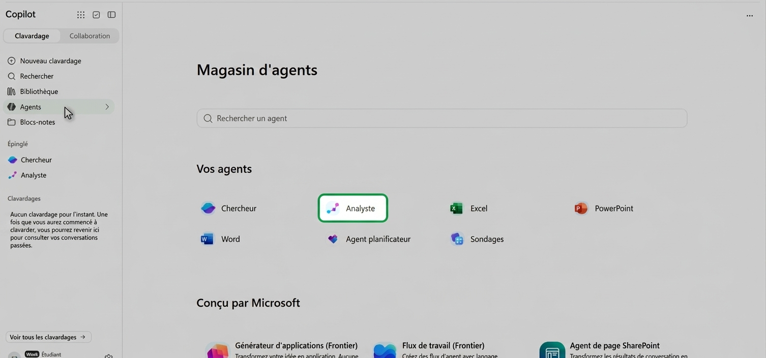La boutique d'agents dans Copilot, avec l'agent Analyst mis en évidence parmi les agents intégrés
