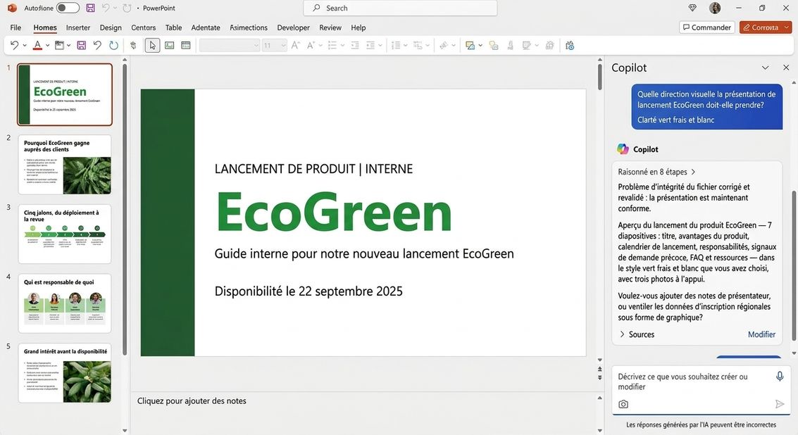 Copilot crée un diaporama EcoGreen multi‑diapositives dans PowerPoint : le panneau de raisonnement à côté de la bande de vignettes générées