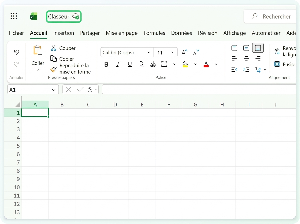 La barre de titre du classeur avec l'indicateur d'enregistrement OneDrive