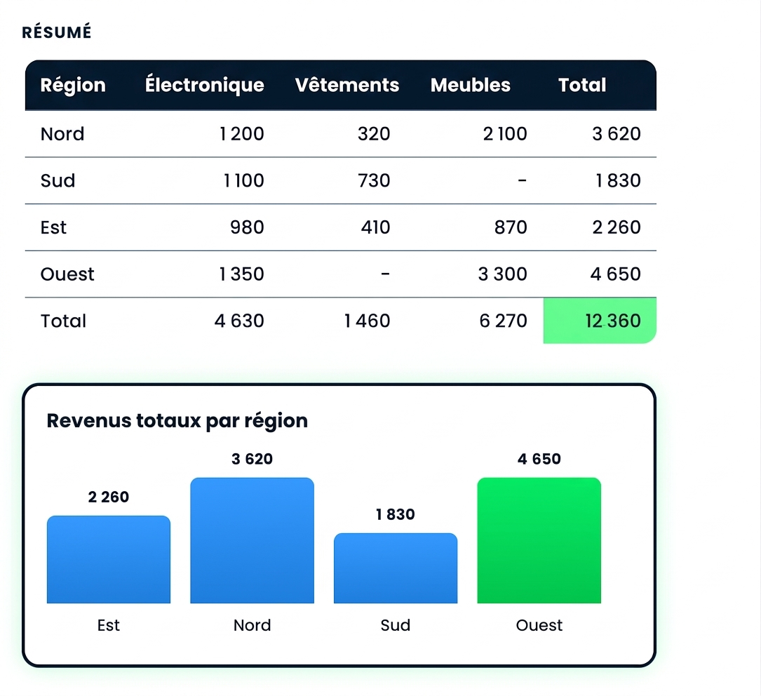 Un tableau croisé des revenus par région et catégorie, avec un graphique à barres des totaux régionaux