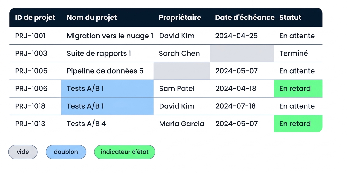La même table Projects avec une mise en forme signalant les vides, les doublons et l'état en retard