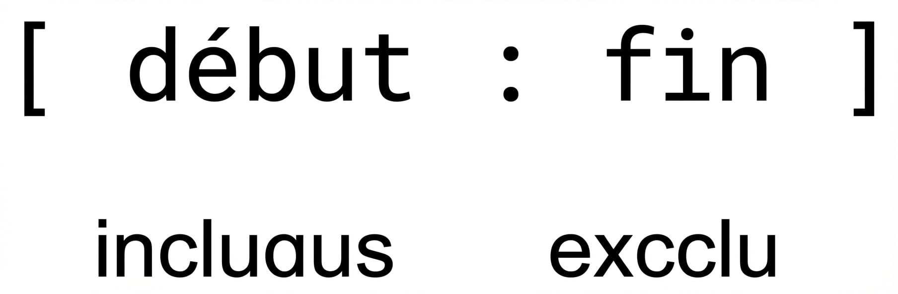 Syntaxe de découpage pour les listes Python, indiquant que la valeur de départ est incluse dans le sous-ensemble, tandis que la valeur d'arrêt est exclue.