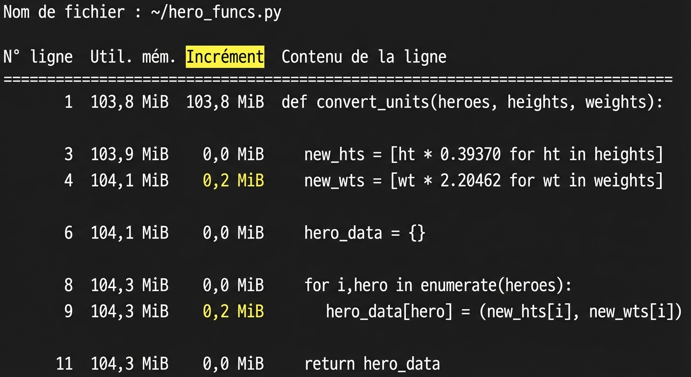 alt=”Magic command mprun tabular output summarizing memory usage profiling statistics with Increment column highlighted”