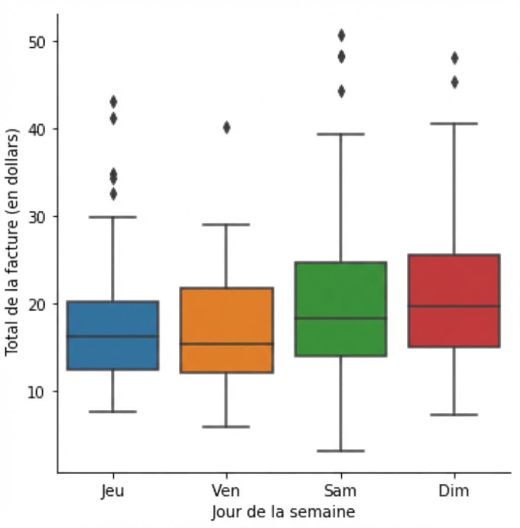 Diagramme en boîte de la facture totale par jour de la semaine