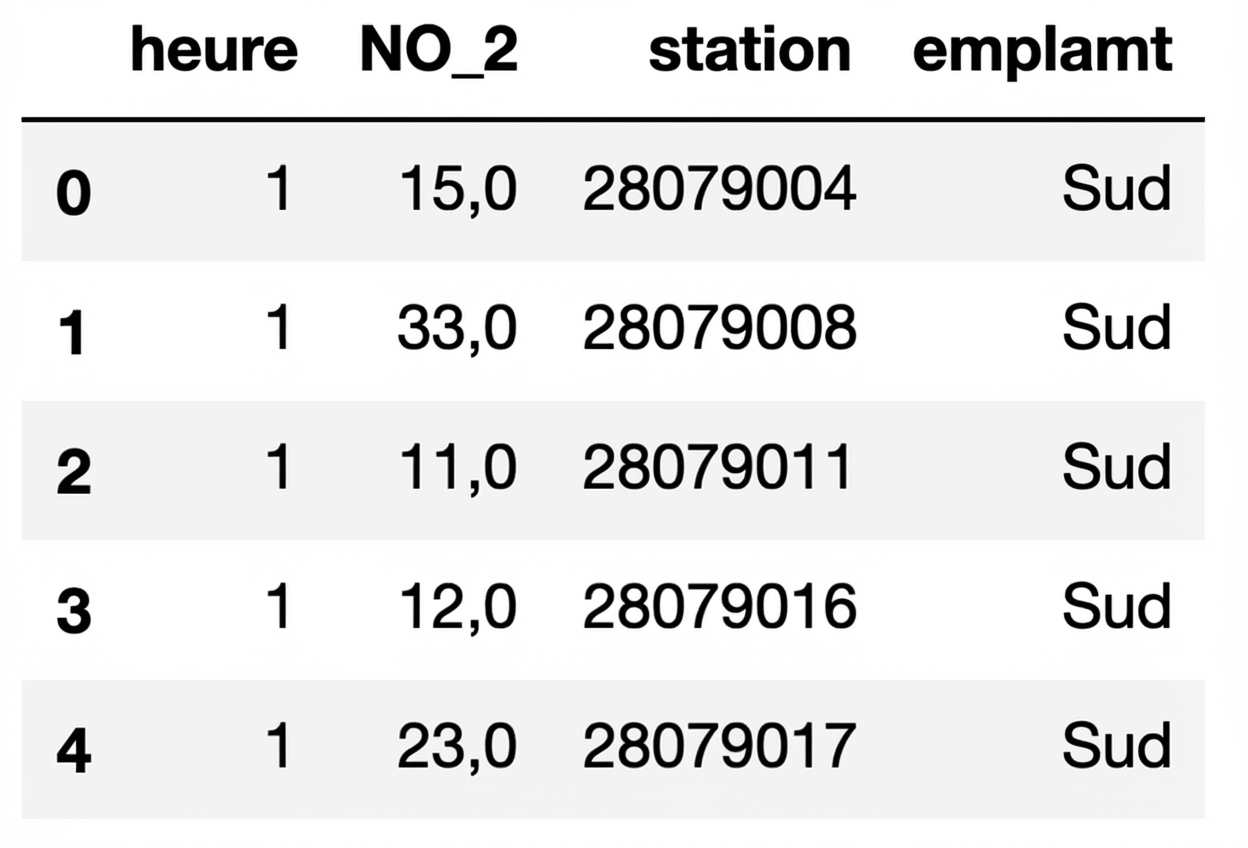 Premières cinq lignes du DataFrame de pollution de l'air par station