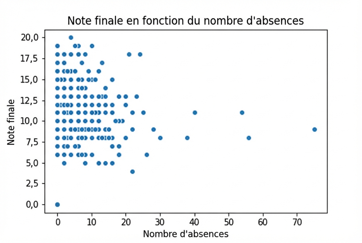 Graphique de dispersion du nombre d'absences par rapport à la note finale