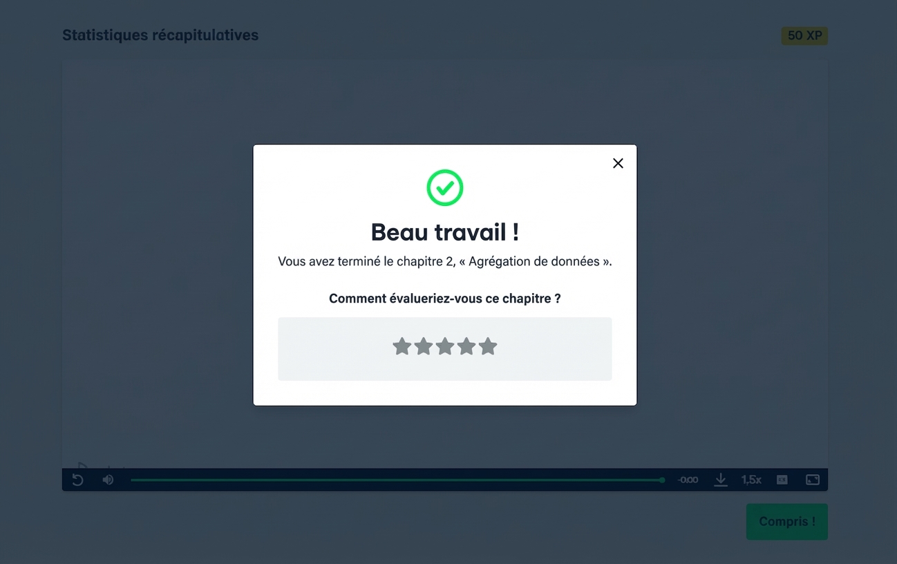 Écran de notation d’un chapitre sur DataCamp