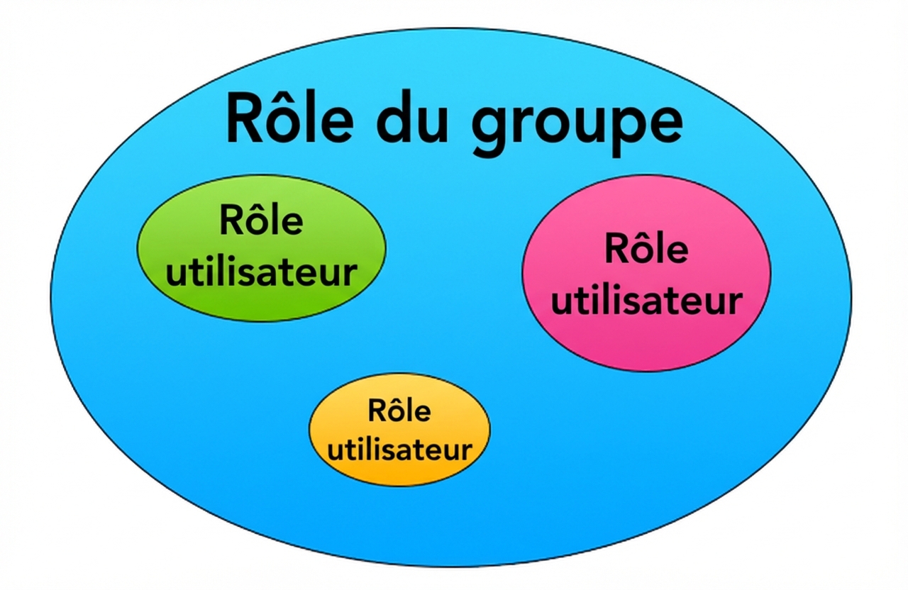 Roles graphic where an outer circle is a group role and three inner circles within the outer circle are user roles