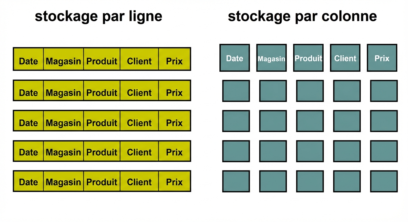 Diagramme comparatif du stockage en ligne et en colonne