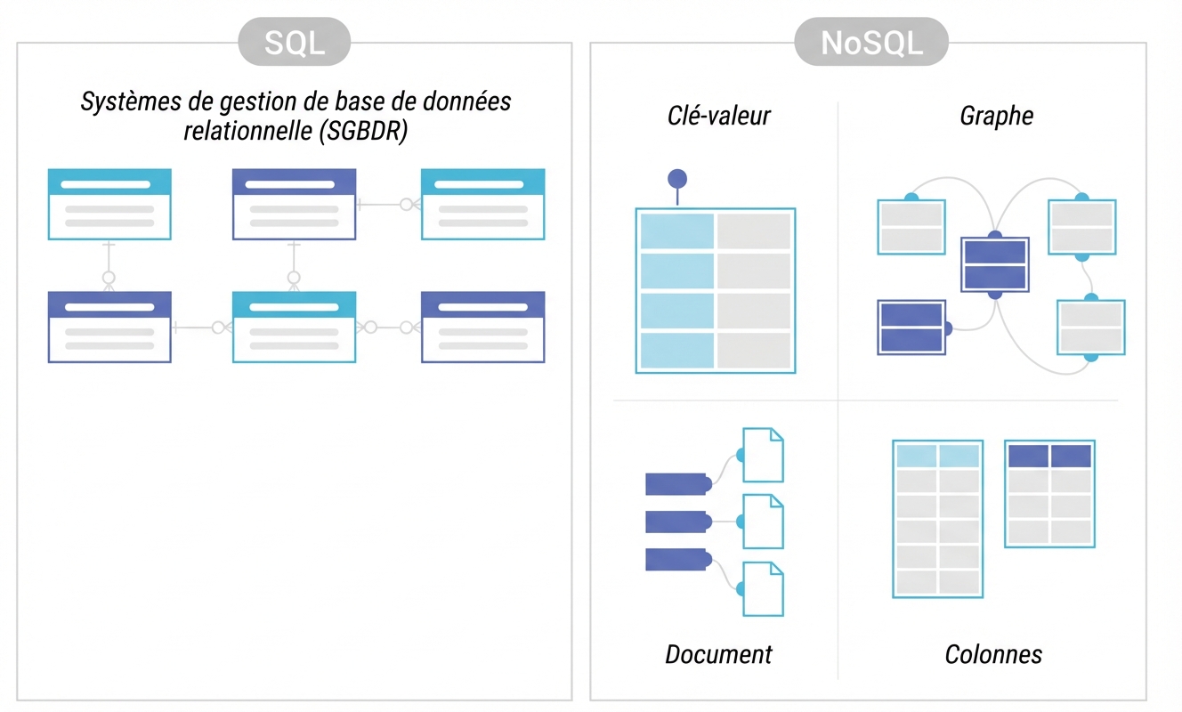 Diagram comparing storage of SQL and NoSQL DBMSs.