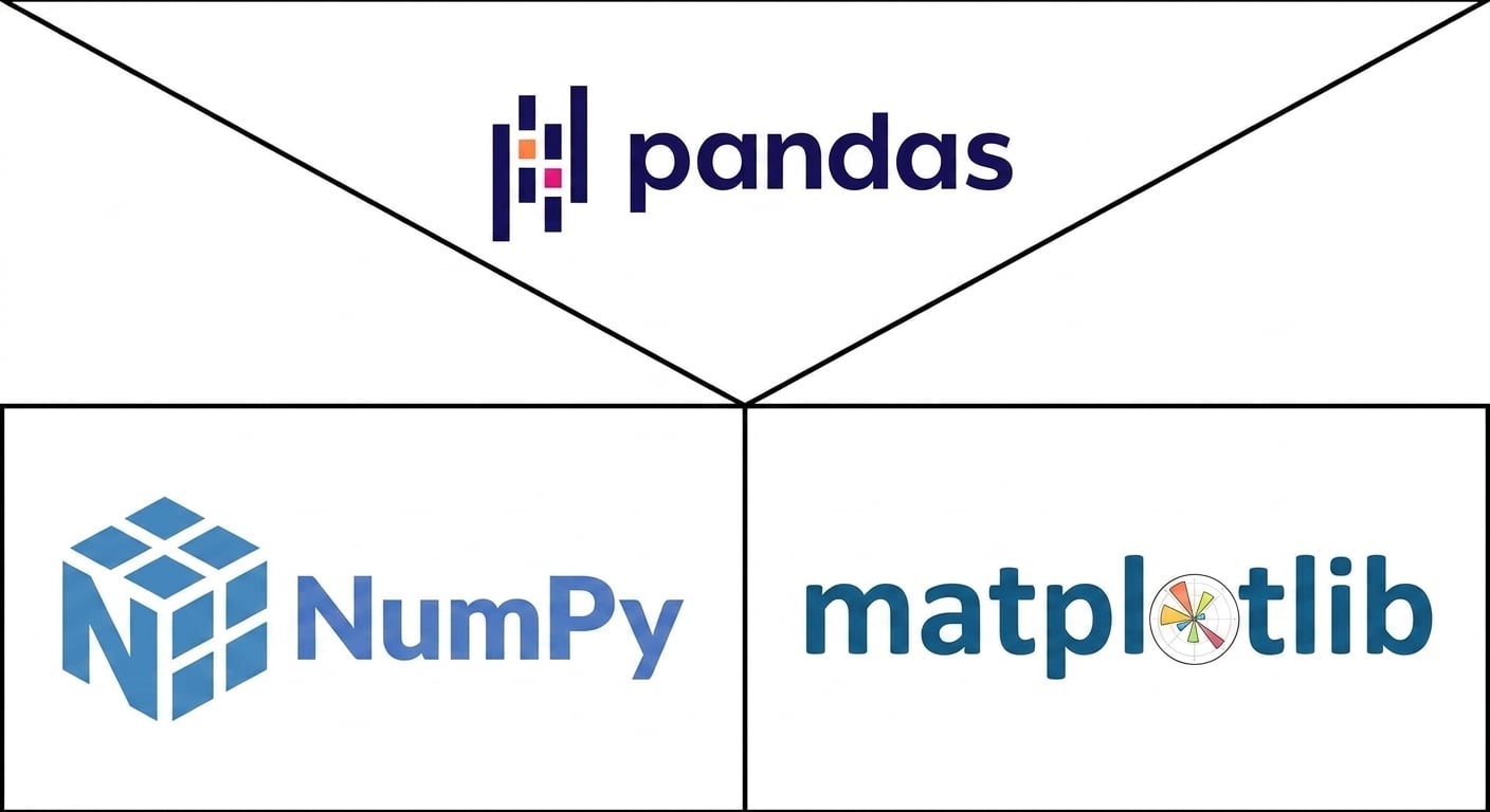 Un triangle posé sur deux rectangles. Le triangle représente le package pandas, les rectangles représentent NumPy et matplotlib.
