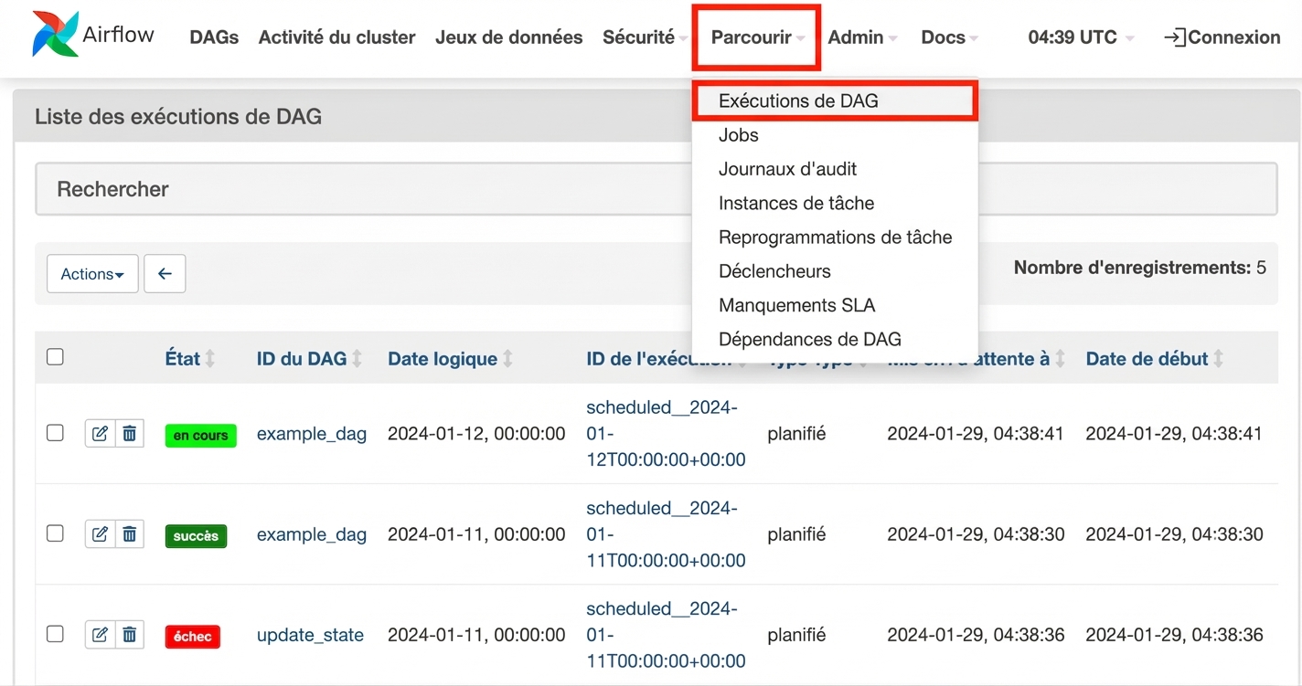 Vue des exécutions de DAG