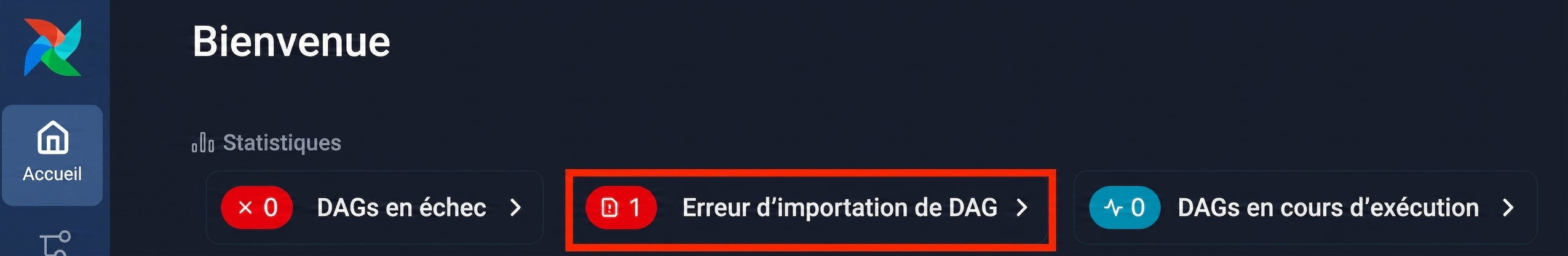 Page d’accueil Airflow affichant une alerte d’erreur d’import de Dag