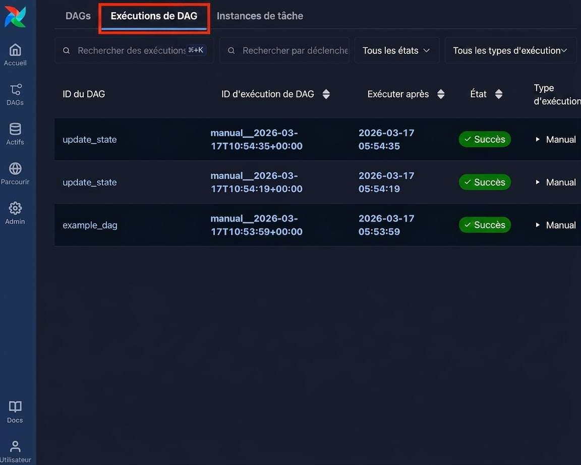 Page Airflow Dag Runs listant les exécutions récentes de tous les Dags