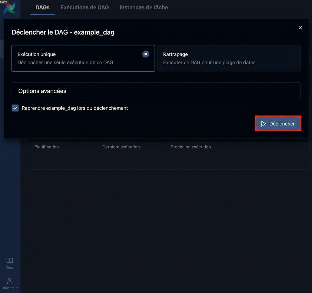 Fenêtre pop-up de déclenchement de DAG dans Airflow avec options par défaut et bouton Trigger