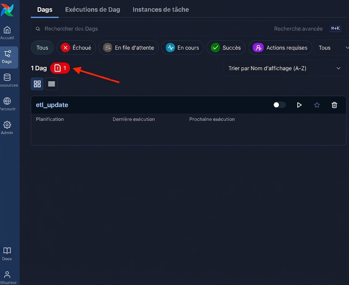 Vue Dags d’Airflow affichant le bouton de notification d’erreur d’import