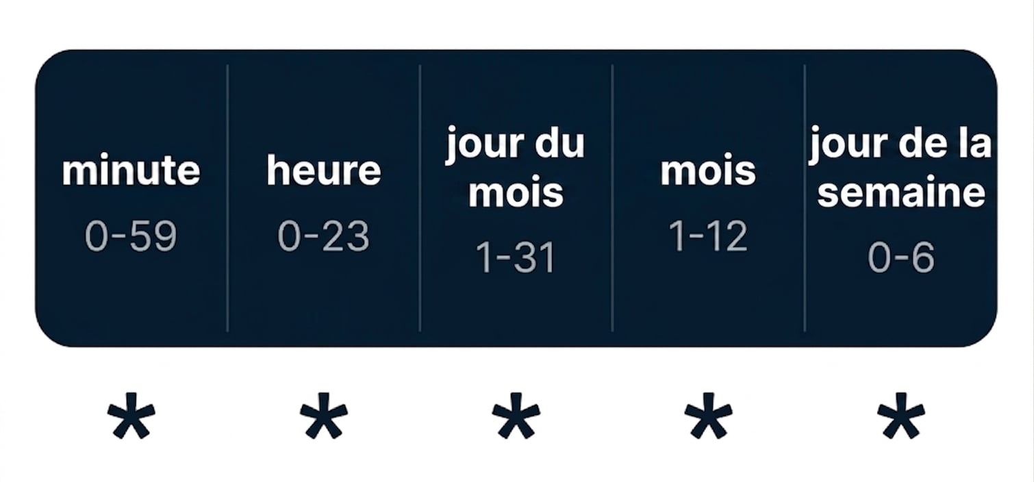 Schéma de la syntaxe cron montrant ses cinq champs temporels séparés par des espaces