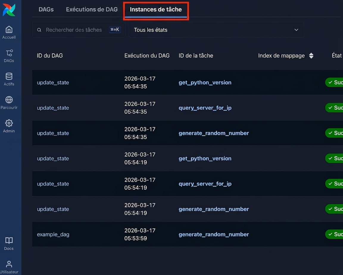 Page Instances de tâche listant les exécutions de tâches sur tous les Dags