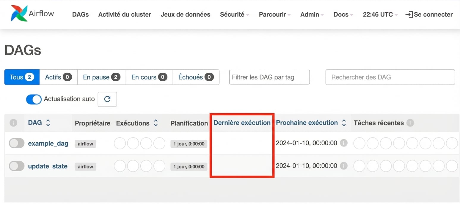Vue DAGs dernière exécution